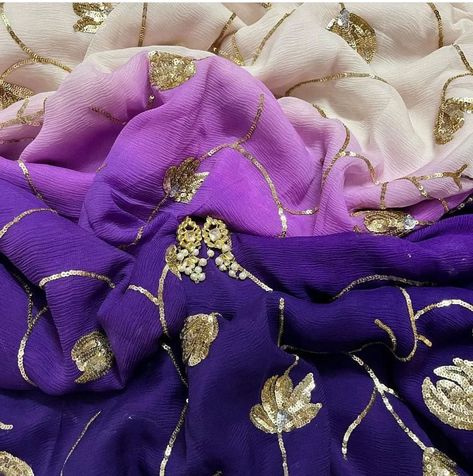 Purple ombré Chiffon Saree studded with sequins Zaal Visit- www.miraahe.com [ombré chiffon saree sequin handwork pure fabric elegant Indian saree] Hand Embroidered Sarees, Ombre Saree, Sequins Saree, Pure Chiffon Sarees, Saree Chiffon, Sequin Saree, Saree Sale, Saree Jewellery, Purple Saree