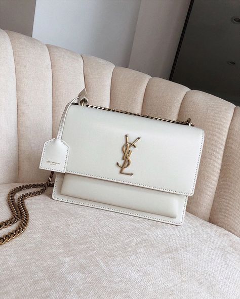 Saint Laurent Sunset Bag, Cream Bags, Yves Saint Laurent Bags, Chain Strap, Ysl Bag, Continental Wallet, Gold Chains, Calf Leather, Yves Saint Laurent