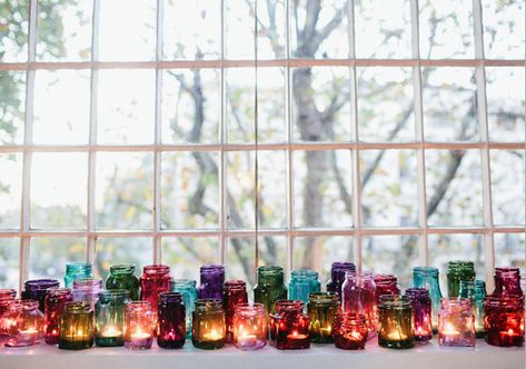 Mixed Jewel Tone Jars and Votive Décor – shared on 100 Layer Cake Jewel Tone Wedding Theme, Candles Reception, Jewel Tone Wedding, Wedding Themes Fall, Garden Wedding Decorations, Weddings By Color, Fall Wedding Bouquets, Wedding Flower Decorations, Flower Centerpieces