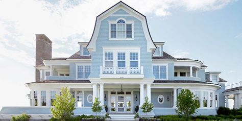 Blue Home Exterior, Home Designs Exterior, White Exterior Houses, Wraparound Porch, Shingle Exterior, Gorgeous Houses, Summer Cottage, Style At Home, Blue House