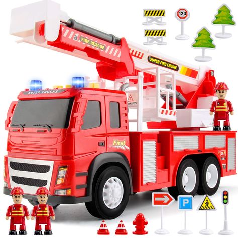 PRICES MAY VARY. ► MORE ACCESSORIES MEANS MORE FUN - This toy fire truck playset will take your children on a complete firefighter experience! The huge 1:12 SCALE big toy fire truck arrives with 3 Firefighters great for Imaginative Play and Emotional Development. Take them on adventures, rescue people from fires, and more. Place them on the extension ladder that rotates 360 degrees + build an entire environment with lots of ROAD SIGNS. Drive the jumbo fire truck toy & pretend play to help those Mobil Futuristik, Toy Fire Trucks, Fun Outdoor Games, Fire Equipment, Toddler Age, Fire Rescue, Road Signs, Fire Engine, Emotional Development