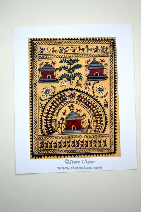 Pattachitra Painting Saura Tribal Life on Tussar Silk with Paper border Oriya Patachitra from East India Unframed Painting Housewarming Gift Indian Territory, Paper Border, Silk Art, Borders For Paper, Village Life, Folk Art Painting, Diy Art Painting, Art Forms, Diy Art