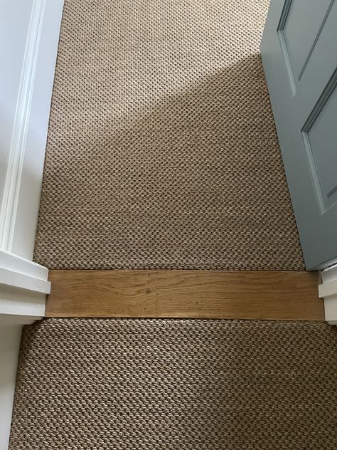 Carpet To Wood Transition, Carpet On Carpet Living Room, Hall Carpet Ideas, Cottage Carpet, Carpet Upstairs, Farmhouse Carpet, Seagrass Carpet, Carpet Staircase, Natural Fiber Carpets