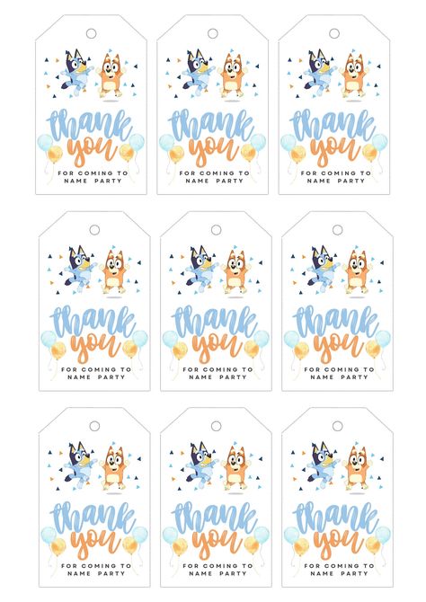 ⭐️if you need any help editing, or would like me to do the customization for you, please message me. Id be glad to do so!  Add a special touch to your party favors with these customizable paw patrol thank you tags! This digital instant download allows you to personalize each tag to show your appreciation in style. Simply download the file, customize with your name or message, and print as many tags as you need. Perfect for birthdays, baby showers, or any special event. Make your thank you's stand out with these adorable and convenient tags! Hello fellow paw-ty parent!  Your tags are Instantly Customizable and able to Print: Take one more thing off your planning check list with this hassle-free digital invitation template, available for immediate download. Edit this invitation with minimal Bluey Party Packs, Bluey Thank You Tags, Fiesta Bluey, Bluey Party, Bluey Birthday, 3rd Birthday Cakes, Dog Birthday Party, Party Favor Tags, Tag Template