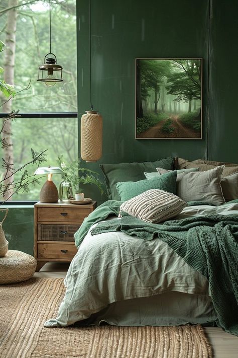 Blue And Green Earthy Bedroom, Mood Bedroom, Flowing Curtains, Earth Tone Bedroom, Earthy Bedroom Ideas, Dark Green Rooms, Woodland Bedroom, Bedroom 2024, Earthy Bedroom