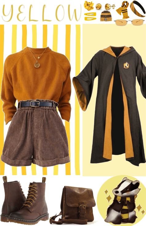 Hufflepuff outfit ideas | #hufflepuff Hogwarts Outfits Hufflepuff, Harry Potter Outfits Hufflepuff, Hufflepuff Merch, Hufflepuff Outfit Ideas, Hufflepuff Lookbook, Hufflepuff Cosplay, Outfit Harry Potter, Outfit Ideas Male, Harry Potter Houses Outfits