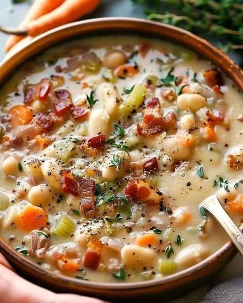 Bean Bacon Soup, Lobster Cream Sauce, Bacon Soup Recipes, Kent Rollins, Bean And Bacon Soup, Soup Beans, Bacon Soup, Pecan Salad, White Bean Soup