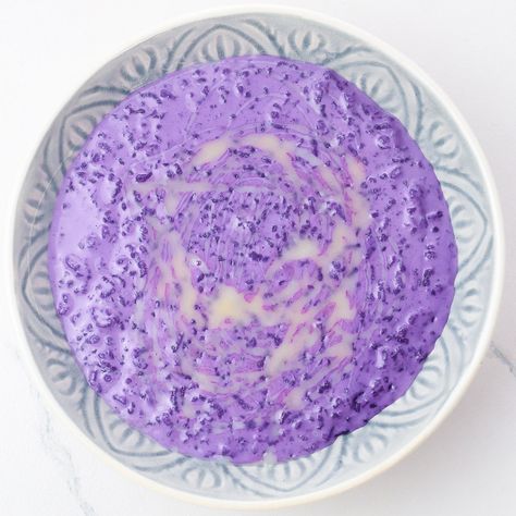 Make this easy Ube Champorado recipe for a delicious breakfast or dessert! It's the classic Filipino rice porridge with a delicious ube flavor twist. Give this a try! Ube Champorado, Ube Condensed Milk, Champorado Recipe, Rice Porridge Recipe, Ube Dessert Recipe, Filipino Rice, Condensed Milk Recipe, Filipino Dessert Recipes, Philippine Cuisine