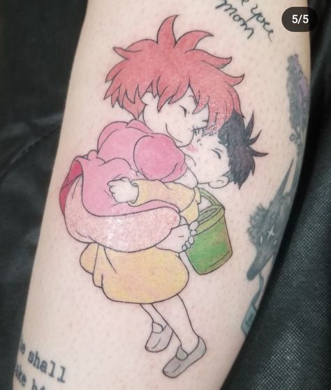 My Ponyo and Sosuke reunion tattoo Ponyo Tattoo, Surreal Tattoo, Lotus Tattoo Design, Ghibli Tattoo, Movie Tattoo, Sick Tattoo, Lotus Tattoo, Aesthetic Tattoo, Family Tattoos