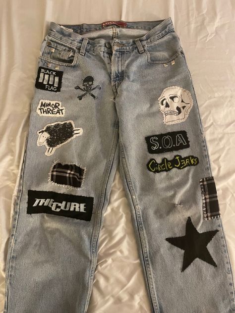 6/28/23 Patches On Pants Ideas, Pants Paint Design, Pants Upcycle, Diy Punk Clothes, Diy Shirt Ideas, Patches Pants, Diy Grunge Clothes, Pants With Patches, Custom Jeans Diy