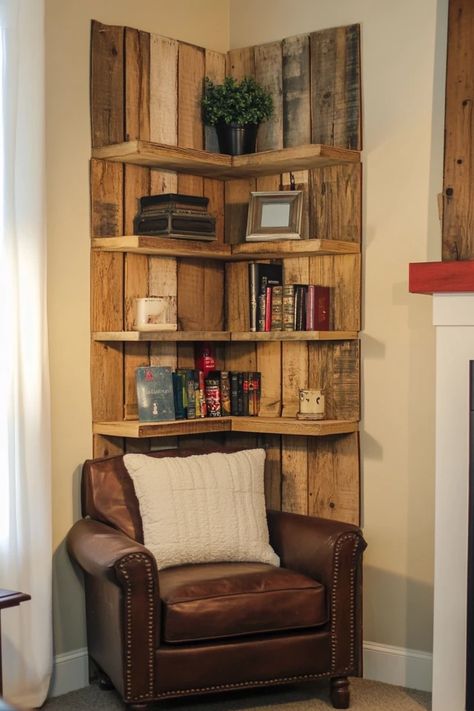 "Create functional storage with DIY Corner Shelves for small spaces! 🛠️📚 Ideal for decluttering and organizing. #SmallSpaceDIY #StorageSolutions #ShelvingIdeas" Bookshelf With Barn Doors, Small Rustic Bookshelf, Shelves Around Corner, Diy Wood Corner Shelves, Corner Floating Shelves Diy, Tall Shelves Living Room, Pallet Corner Shelf, Book Shelf Corner Wall, Floating Corner Shelves Bedroom