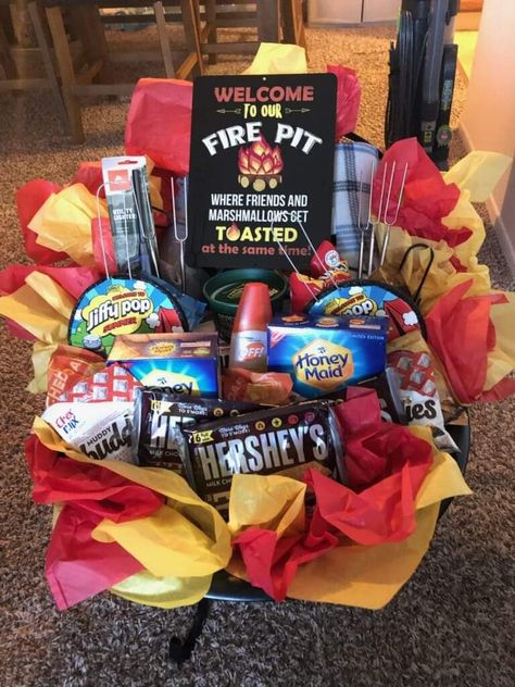 Campfire Basket Raffle, Campfire Raffle Basket Ideas, Bonfire Gift Basket, S’mores Raffle Basket Ideas, Fire Fighter Gift Basket, Campfire Gift Basket, Grill Themed Gift Basket, Bonfire Basket Ideas, Family Reunion Gift Basket Ideas