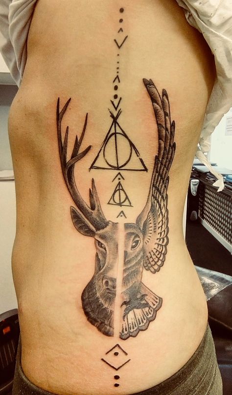 Harry Potter side rib tattoo deathly hallows stag owl Owl Tattoo Ideas Men, Harry Potter Rib Tattoo, Hama Minecraft, Side Rib Tattoo, Patronus Tattoo, Side Thigh Tattoos Women, Loyalty Tattoo, Tattoos On Side Ribs, Side Thigh Tattoos