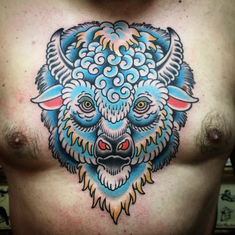 White Buffalo Tattoo Ideas, Buffalo Sleeve Tattoo, White Buffalo Tattoo, Neo Traditional Buffalo Tattoo, Buffalo American Traditional Tattoo, Buffalo Tattoos, Traditional Bison Head Tattoo, Great White Buffalo, Buffalo Tattoo