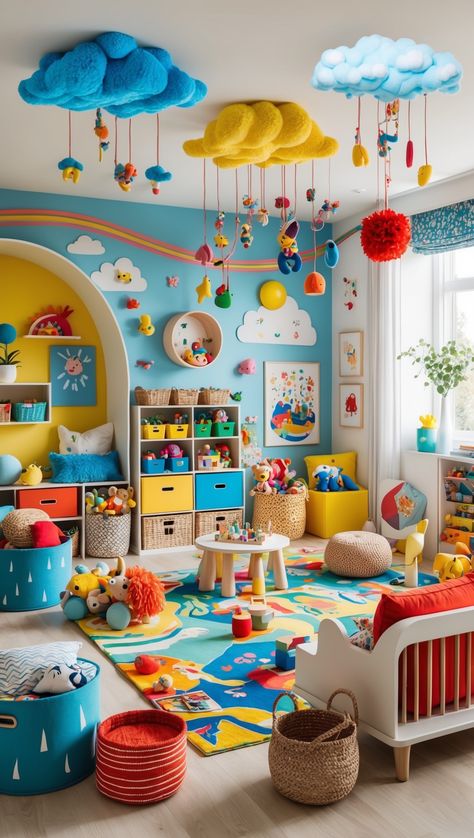 50 Brilliant Toy Storage Ideas For Every Playroom Storage For Toys In Bedroom, School Storage Room, Small Playroom Layout Ideas, Toys Decoration Ideas, Baby Toys Organization Ideas, Home Daycare Playground, Best Toy Storage Ideas, Baby Playroom Ideas Small Spaces, Colorful Kids Playroom