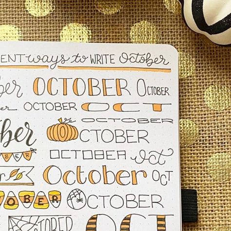 Nicole Barlettano on Instagram: "Different Ways to Write October 🎃🍂💛 Journal: @archerandolive Pens: @fabercastellusa #bujo #bulletjournal #bujoinspiration #bujoideas #bujocollections #bulletjournaling #bulletjournalideas #bulletjournalcommunity #bulletjournalist #creativejournal #creativejournaling #october #lettering #doodle #drawing #journal #planner #plan #fabercastell" How To Write October In Calligraphy, October Lettering Bullet Journal, October Calendar Doodles, October Handwriting, October Doodles Bullet Journal, October Whiteboard Calendar, October White Board Ideas, October Calendar Ideas, Month Doodles