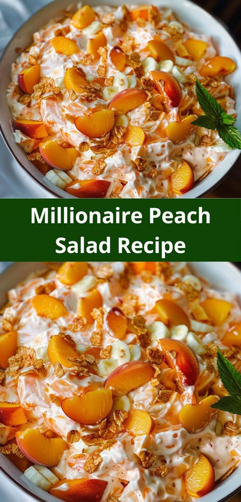 Enjoy a creamy, fruity dessert with our easy Millionaire Peach Salad recipe. Perfect for any occasion! Peach Sides, Peach Pretzel Salad, Peach Dishes Recipes, Fruit Side Dishes Easy, Fruity Salads, Fresh Peach Salad Recipes, Easy Cold Salads, Recipes For Fresh Peaches, Easy Side Dishes For Family Reunion