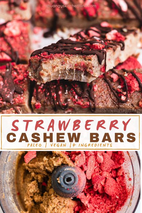 Healthy No Bake Bars with Freeze Dried Strawberries | Shuangy's Kitchensink Freeze Dried Strawberries Recipe, Strawberry Bars, Healthy No Bake, Strawberry Bread, Kid Snacks, Freeze Dried Strawberries, Bar Recipe, No Bake Bars, Dry Bar