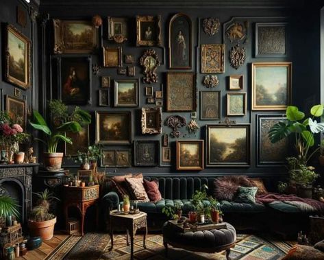 Maximalist Dark Decor, Vintage Dark Living Room, Dark Academia Maximalist Decor, Dark Maximalist Living Room, Speakeasy Aesthetic Living Room, Small Moody Living Room Ideas, Eclectic Moody Decor, Dark Green Moody Living Room, Moody Dark Academia Living Room