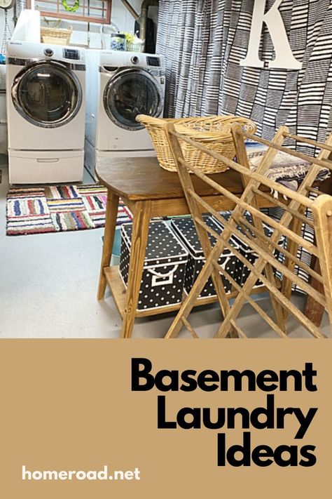 Washer, dryer, table and drying rack Basement Laundry Rooms, Basement Laundry Area Ideas, Diy Basement Laundry Room Ideas, Laundry Basement Ideas, Unfinished Basement Laundry Room, Basement Laundry Room Ideas Unfinished, Eclectic Laundry Room, Basement Laundry Area, Basement Laundry