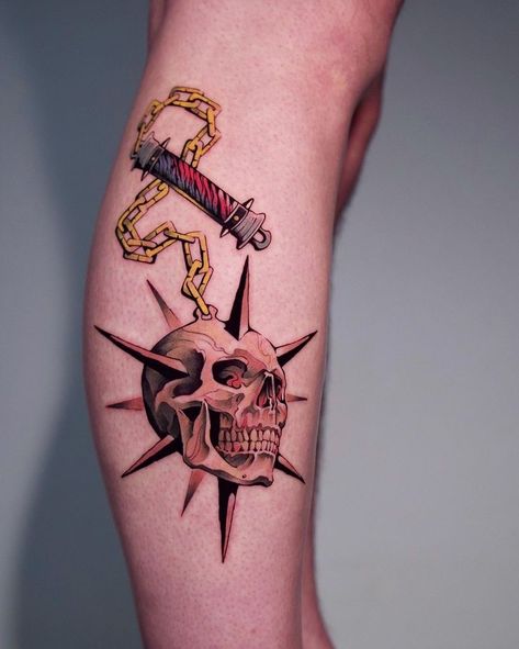 Coolest Tattoos Men, Mace Tattoo, Hellboy Tattoo, Tattoo On Leg, Neo Tattoo, American Traditional Tattoo Ideas, Traditional Tattoo Ideas, Traditional Tattoo Designs, Saved Tattoo