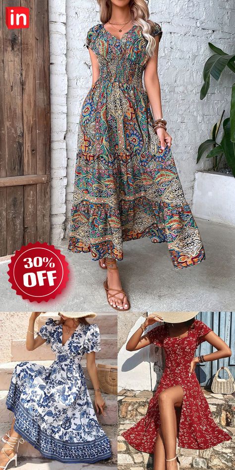 Women's Long Dress Maxi Dress Casual Dress Swing Dress Summer Dress Floral Paisley Tribal Fashion Casual Outdoor Daily Holiday Ruched Print Short Sleeve V Neck Dress Loose Fit ArmyGreen Red Orange New Look Dress Patterns, Blouse Outfit Casual, Women Cheap Dresses, Dresses For Apple Shape, Summer Dress Floral, Maxi Dress Casual, Dress Loose Fit, Clothes For Women Over 50, Boho Dresses Long