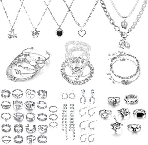 As an a Amazon associate, i make commissions on qualifiing purchases and I try every brand I promote! 【Silver Jewelry Set】: This jewelry set includes 6 necklaces, 11 bracelets, 30 kunckle rings, 6 pairs earrings, totally 53 pcs, well-chosen by our professional designers, making you the focus of every occasion. Gold Jewelry Set, Silver Jewelry Set, Stackable Bangles, Silver Necklace Set, Silver Gold Jewelry, Vintage Jewelry Sets, Gold Jewelry Sets, Packing Jewelry, Adjustable Jewelry