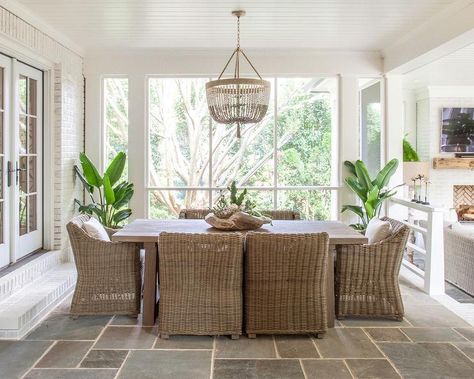 Sunken Sunroom Dining Space with Slate Floor Tiles - Transitional - Dining Room Sunken Sunroom, Sunroom Tile Floor, Sunroom Flooring, Room Tiles Design, Sunroom Dining, White Brick Fireplace, White Beadboard, Slate Floor, Slate Tile Floor