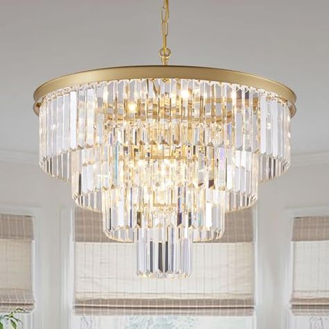 TMAFON Modern Crystal Chandeliers for Dining Room - D23.6 Round Chandelier Light Fixture, 10 Lights Gold Ceiling Pendant Lamp for Bedroom, Living & Dining Room, Staircase, Kitchen Island Gold Chandelier Bedroom, Entryway Chandelier Foyers, Staircase Kitchen, Modern Crystal Chandeliers, Crystal Chandelier Dining Room, Flush Chandelier, Pendant Lamps Bedroom, Chandeliers For Dining Room, Entryway Chandelier