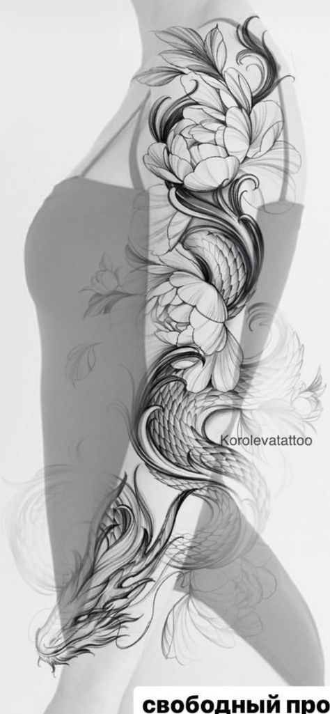 Japanese Style Sleeve Tattoo Women, Dragon Arm Sleeve Tattoo Women, Dragon Sleeve Tattoos For Women, Full Arm Tattoo Women, Unique Arm Sleeve Tattoos For Women, Full Hand Tattoo Ideas, Women Full Sleeve Tattoo Ideas, Arm Sleeve Tattoo Stencil, Japanese Arm Tattoos