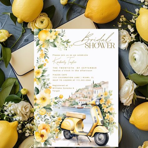 Embark on a picturesque journey along the stunning Amalfi Coast with our Amalfi Coast Bridal Shower Invitation! This enchanting design captures the breathtaking beauty of the Italian coastline with delicate watercolor views, transporting guests to a world of romance and elegance. Adorned with vibrant yellow lemon flowers and an iconic Vespa, this invitation exudes the charm and allure of Italy's coastal paradise. Perfect for celebrating the bride-to-be in style, this invitation sets the stage fo Birthday Dream, Italy Positano, Bridal Shower Inspo, Lemon Flowers, Elegant Tiles, Bridal Shower Inspiration, Italy Summer, Blue Tiles, Bridal Shower Party