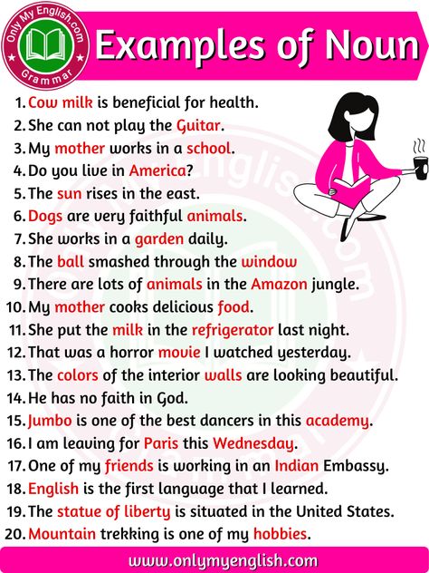 20 Examples of Noun Sentences in English » onlymyenglish Noun Examples Sentences, Noun Sentences, Nouns Grammar, Sentences In English, Basic English Grammar Book, English Desk, English Grammar Notes, Basic English Sentences, English Vinglish