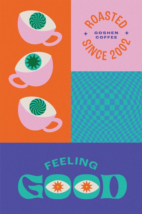 Goshen Coffee – TOKY Hand Drawn Brand Identity, Bright Happy Color Palette, Groovy Coffee Shop, Maximalist Logo Design, Coffee Shop Graphic Design, Coffee Graphic Design, Gift Shop Logo, Coffee Moodboard, Shop Branding Design