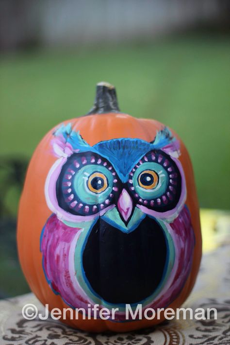 Painted owl Funkin Pumpkin Halloween by Jennifer Moreman www.jennifermoreman.com Painted Owl Pumpkin, Owl Painted Pumpkin, Decorated Pumpkins Ideas, Owl Pumpkin Painting, Pumpkin Owl, Decorated Pumpkins, Halloween Pumpkin Stencils, Creative Pumpkin Decorating, Owl Pumpkin