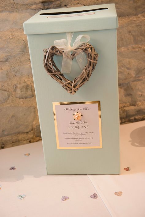 DIY card postbox with message for guests surrounded by DIY heart map confetti for our seafoam, peach and gold travel theme rustic wedding Wedding Post Box Ideas, Wedding Personal Touches, Seafoam Wedding, Wedding Post Box, Peach And Gold, Wedding Post, Diy Heart, Heart Map, Travel Theme