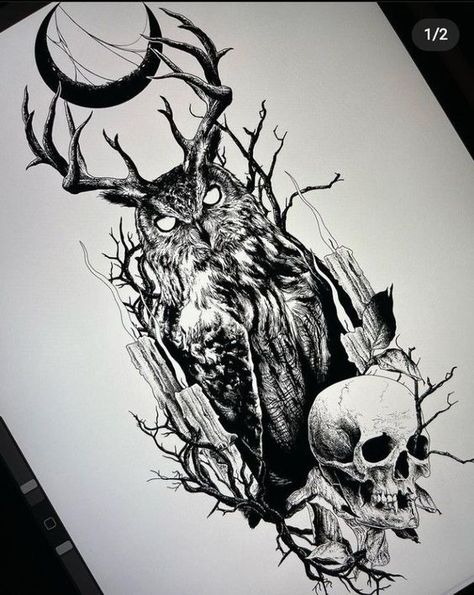 Ethereal Forests in Tattoo Sketches Owl With Antlers Tattoo, Demonic Animal Tattoos, Dark Owl Tattoo Design, Demon Animal Tattoo, Chest Design Tattoo Men, Nocturnal Tattoo Design, Evil Owl Tattoo Design, Norse Animals Tattoo, Dark And Twisted Tattoos