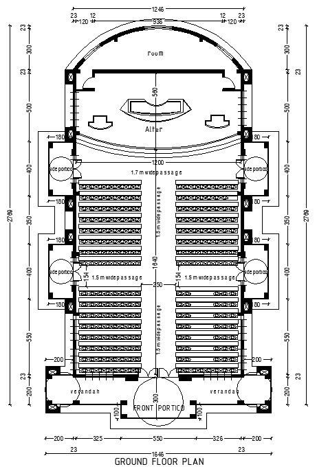 Seating arrangement of ground floor plan of the church detail is given in this 2D Autocad DWG drawing file. Download the Autocad 2D DWG drawing file. - Cadbull Front Portico, Church Building Plans, Home Map Design, Church Building Design, Auditorium Design, Office Floor Plan, Church Interior Design, Civil Engineering Design, Architecture Drawing Plan