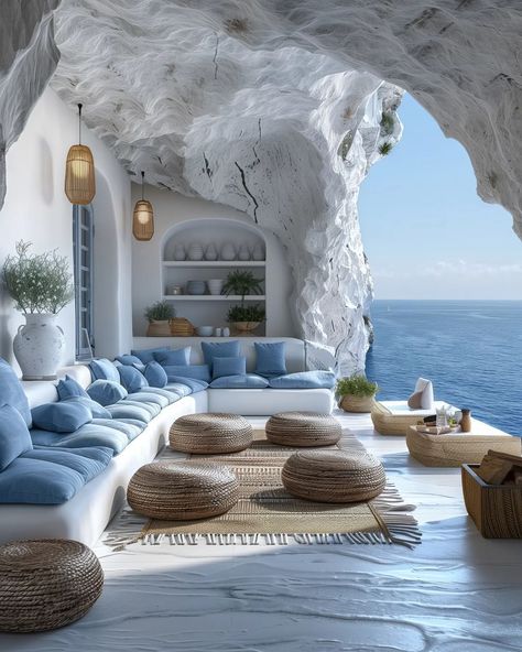 L U X R E V I V E | Dream Villa in Santorini, Greece? 🇬🇷 Swipe Left! Rate this place from 1-10 🤔 Concept by @luxrevive | Instagram Greek Living Room, Mediterranean House Interior, Greek Vibes, Greek Homes, Cave Houses, Greece Homes, Waterfront Living, Capri Italia, Santorini House