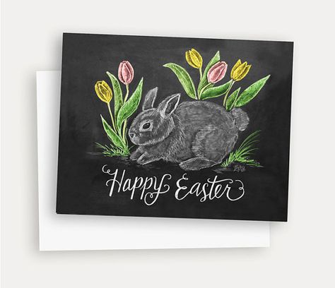 Happy Easter Card - Easter Bunny Card - Tulip Card - Chalkboard Art - Hand Lettering - Easter Illustration Easter Chalkboard Art, Chalk Doodles, Easter Artwork, Summer Chalkboard Art, Easter Wallpapers, Summer Chalkboard, Tulip Card, Spring Chalkboard, Chalkboard Projects