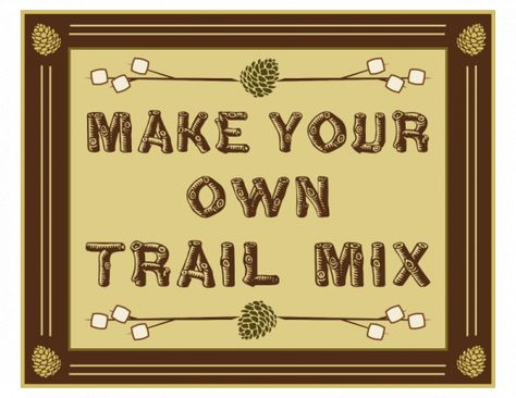 Free Camping Party Printables (with DIY S'mores and Trail Mix bar signs and cards)  #freeprintables #campingparty Trail Mix Bar Sign, Trail Mix Bars, Indoor Camping Party, Trail Mix Bar, Camping Printables, Camping Party Decorations, Camping Bar, Campfire Party, Glamping Party