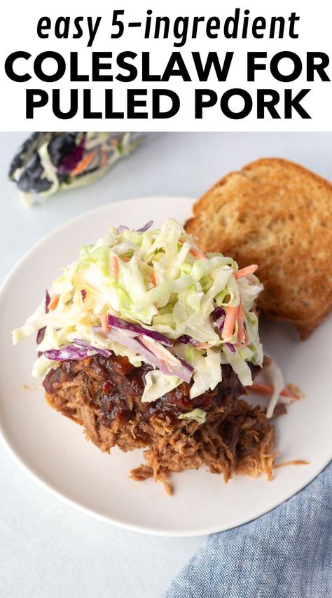 This coleslaw for pulled pork comes together in just 5 minutes with only 5 ingredients. It's tangy without being overly sweet, and maintains its crunch thanks to being lightly dressed. It's the perfect pairing for pulled pork, whether stuffed in sandwiches or served as a refreshing side dish. You're going to love it for your next family meal or casual barbecue! Cole Slaw For Pulled Pork Sandwiches, Slaw Recipes For Pulled Pork, Coleslaw For Pulled Pork Sandwiches, Pulled Pork Sandwich Sides, Pulled Pork Coleslaw Recipe, Pork Sandwich Sides, Pulled Pork Side Dishes, Slaw For Pulled Pork, Pulled Pork Coleslaw