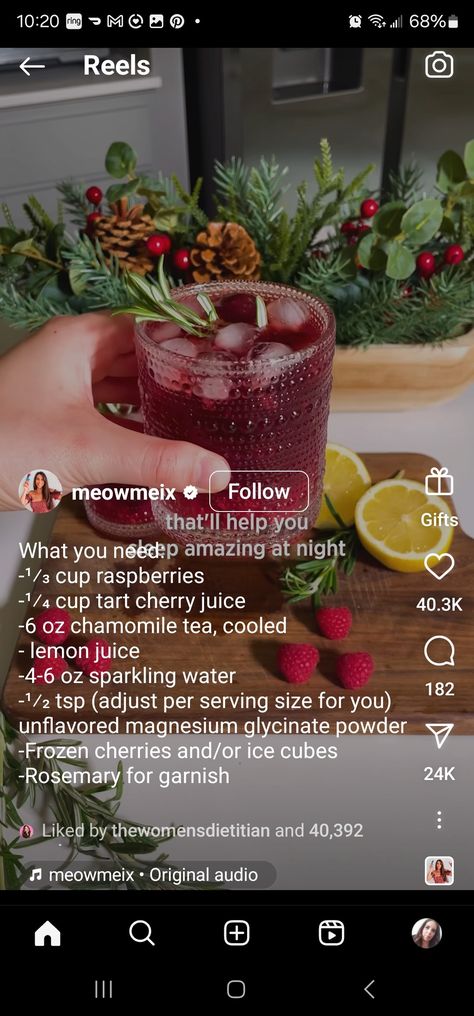 Sleepy Mocktail Sleepy Girl Mock Tail Recipe, Sleepy Mocktail Recipe, Sleepytime Mocktails, Sleepy Girl Mock Tail, Bedtime Mocktails, Sleepy Girl Mocktail Recipe, Sleepy Mocktails, Sleepy Foods, Cranberry Mocktail