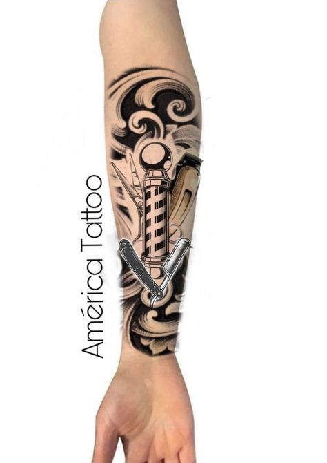 Barber Sleeve Tattoo, Barber Tattoo Ideas, Salon Tattoo, Mangas Tattoo, Barber Tattoo, Japanese Flower Tattoo, Money Tattoo, Shiva Tattoo Design, Trash Polka Tattoo