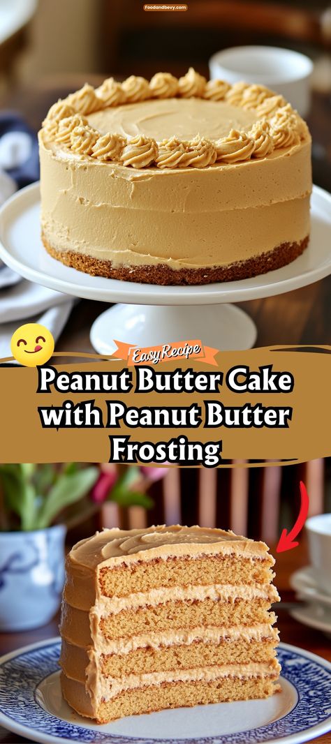 Celebrate the love of peanut butter with this Peanut Butter Cake with Peanut Butter Frosting. This cake is ultra-moist, loaded with peanut butter flavor, and topped with a creamy peanut butter frosting that melts in your mouth. It's the ultimate dessert for peanut butter aficionados. #PeanutButterCake #PeanutButterLovers #CakeGoals Peanut Butter Cream Cake, Peanut Butter Cake With Peanut Frosting, Peanut Cake Recipe, Moist Peanut Butter Cake, Reese's Peanut Butter Cake, Peanut Butter Cake From Box Cake, Peanut Butter Filling For Cake, Peanut Butter Cake Recipes, Peanut Butter And Jelly Cake Recipe