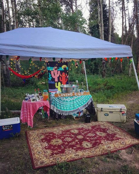 How to Throw a Camping Engagement Party Bachelorette Decoration Ideas, Glamping Bachelorette Party, Camping Bachelorette, Camping Party, Glamping, Engagement Party, Decoration Ideas, Bachelorette Party, Patio Umbrella