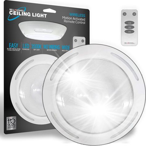 The newest lighting solution that everyone needs is here, introducing the Bell + Howell Ceiling Light. This battery operated, multi feature light is easy to use anywhere around the home, no wiring is needed at all! Great for rooms or closets, this 300 lumen, 3500 Kelvin light will brighten up your dark spaces. Ceiling Light comes with a remote control for easy function. It's motion activated and automatically turns on when it detects motion from up to 16 feet away. You can even opt to turn off t Wireless Lighting Ceilings, Wireless Ceiling Light, Tape Installation, Led Ceiling Light Fixtures, Wireless Lights, Gym Room, Battery Operated Lights, Ceiling Spotlights, Flush Mount Light