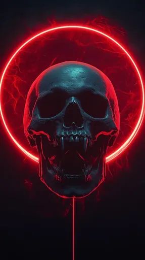 ↑↑↑ Larger size on website 🔸 A dark, detailed skull with sharp teeth is surrounded by a glowing, red, circular neon light. The li Skull With Sharp Teeth, Glowing Skull, Smoky Background, Dramatic Scene, Red Neon, Sharp Teeth, Neon Lighting, Art Images, Neon