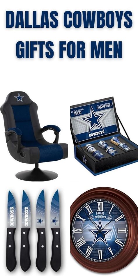 He will love these Dallas Cowboys gifts and merchandise for his birthday or Christmas. #nflgifts #giftguide Dallas Cowboys Gifts For Him, Cowboy Men Outfit, Dallas Cowboys Gift Basket, Dallas Cowboys Bedroom, Gifts For Cowboys, Dallas Cowboys Rings, Dallas Cowboys Christmas, Cowboys Gifts, Dallas Cowboys Gifts