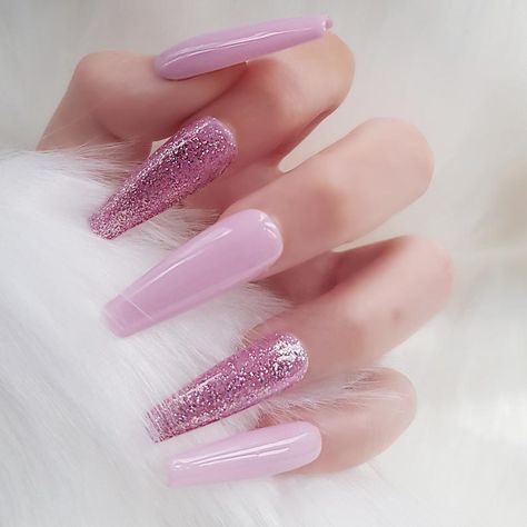 Press on nails pink gloss and glitter nails c curve tapered | Etsy Tapered Nails, Press On Nails Pink, Stitch App, Pink Gloss, Glitter Accent Nails, Pink Glitter Nails, Pink Nail Designs, Acrylic Nails Coffin Short, Summer Acrylic Nails