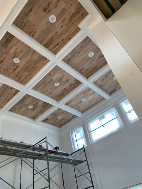 Reclaimed Wood Coffered Ceiling, Faux Beam Coffered Ceiling, Suspended Coffered Ceiling, Coffered Ceiling Ideas Living Room Wood, Boxed Ceiling Ideas, Beadboard Coffered Ceiling, Stairwell Ceiling Ideas, Octagon Tray Ceiling Ideas, Coffered Ceiling Basement